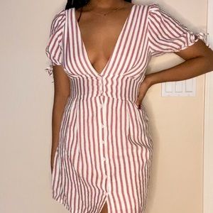 Coral pinstriped fitted V neck Midi Dress